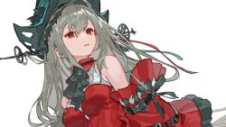 Rule 34 | 1girl, ahoge, arknights, bare shoulders, breasts, collared shirt, detached sleeves, grey hair, grey hat, grey neckerchief, hair between eyes, hat, long hair, looking at viewer, medium breasts, neckerchief, official alternate costume, parted lips, qiqu, red eyes, red shirt, shirt, simple background, skadi (arknights), skadi the corrupting heart (arknights), solo, upper body, white background, wide sleeves