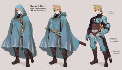 Rule 34 | 1boy, aged up, alternate costume, armor, blonde hair, blue cloak, boots, breastplate, brown eyes, cloak, epebe, expressionless, facial hair, final fantasy, final fantasy tactics, full body, gauntlets, goatee, highres, holding, hood, leg armor, looking to the side, male focus, ponytail, ramza beoulve, scabbard, sheath, shoulder armor, solo, sword, weapon