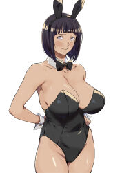Rule 34 | 1girl, absurdres, animal ears, arado balanga (xchd7538), arm behind back, bare shoulders, black bow, black bowtie, black hair, black leotard, blush, boruto: naruto next generations, bow, bowtie, breasts, cleavage, detached collar, fake animal ears, hand on own hip, highres, hyuuga hinata, large breasts, legs together, leotard, light smile, mature female, naruto (series), playboy bunny, rabbit ears, shiny skin, short hair, simple background, solo, strapless, strapless leotard, thighs, wrist cuffs