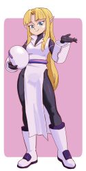 Rule 34 | 1girl, absurdres, black bodysuit, blonde hair, blue eyes, bodysuit, boots, breasts, commentary request, contrapposto, formerly, full body, helmet, highres, holding, holding helmet, knee boots, long hair, medium breasts, nintendo, pelvic curtain, pointy ears, princess zelda, risk of rain (series), risk of rain 2, smile, solo, the legend of zelda, the legend of zelda: a link between worlds, very long hair
