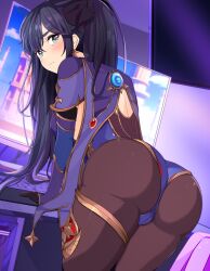 Rule 34 | 1girl, absurdres, ass, black gloves, blue leotard, blush, breasts, brown pantyhose, capelet, closed mouth, computer, desk, earrings, genshin impact, gloves, gold trim, green eyes, highres, jewelry, keyboard (computer), leaning forward, leaning on table, leotard, long hair, looking at viewer, looking back, medium breasts, mona (genshin impact), monitor, no headwear, pantyhose, purple leotard, solo, star (symbol), star earrings, thighlet, thighs, twintails, vision (genshin impact), zefi.art