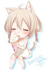 Rule 34 | 1girl, :p, = =, ahoge, animal ears, barefoot, blonde hair, blush, braid, cat ears, cat tail, chibi, commentary request, dated, dress, drop shadow, closed eyes, food, food on face, ice cream, invisible chair, konshin, original, signature, simple background, sitting, solo, tail, tongue, tongue out, white background, white dress