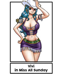 Rule 34 | 1girl, alabasta, blue hair, breasts, cleavage, cosplay, cowboy hat, earrings, groin, hand on headwear, hand on own hip, hat, iury padilha, jewelry, large breasts, long hair, midriff, navel, nefertari vivi, nico robin, nico robin (cosplay), one piece, skirt, spaghetti strap, thighs, wide hips