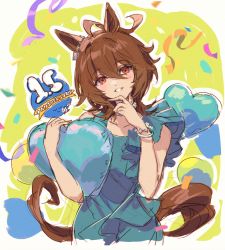 Rule 34 | 1girl, agnes tachyon (umamusume), ahoge, animal ears, anniversary, balloon, bracelet, brown hair, confetti, dress, green dress, hair between eyes, hand on own chin, hands up, heart balloon, horse ears, horse girl, horse tail, jewelry, looking at viewer, medium hair, open mouth, orange eyes, sketch, sleeveless, sleeveless dress, smile, solo, streamers, stroking own chin, tail, umamusume, upper body, welchino