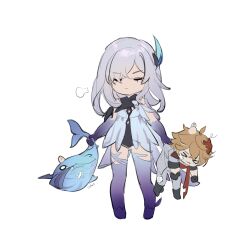 Rule 34 | &gt; &lt;, 1boy, 1girl, absurdres, all-devouring narwhal (genshin impact), black gloves, brown hair, chibi, closed eyes, closed mouth, eksi648870681, gauze, genshin impact, gloves, grey hair, hair ornament, highres, holding, jacket, long hair, long sleeves, mask, mask on head, pants, puff of air, scarf, simple background, skirk (genshin impact), standing, tartaglia (genshin impact), thighhighs, white background