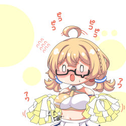 Rule 34 | 0 0, 1girl, :d, ahoge, ahoge wag, bare shoulders, black-framed eyewear, blonde hair, blue archive, blush, blush stickers, braid, breasts, cosplay, expressive hair, flying sweatdrops, glasses, hair between eyes, hand cursor, holding, kotori (blue archive), kotori (cheer squad) (blue archive), kurukurumagical, large breasts, long hair, low twintails, millennium cheerleader outfit (blue archive), navel, nervous smile, nose blush, open mouth, pleated skirt, poking belly, pom pom (cheerleading), semi-rimless eyewear, skirt, smile, solo, speed lines, sweat, translation request, twintails, under-rim eyewear, v-shaped eyebrows, white skirt