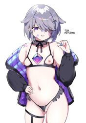 1girl bandaid bandaid_on_face bandaid_on_nose bandaid_on_shoulder black_bra black_panties bra breasts commentary cupless_bra detached_collar ear_piercing english_commentary english_text grey_hair grin hair_ornament hair_over_one_eye hairclip hand_on_own_hip highres hololive hololive_english jacket koseki_bijou kududama navel nipples off_shoulder panties piercing purple_eyes short_hair simple_background small_breasts smile solo underwear virtual_youtuber white_background