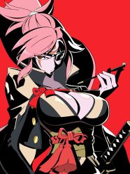 Rule 34 | 1girl, absurdres, baiken, breasts, cleavage, eyepatch, facial mark, frown, guilty gear, guilty gear strive, highres, japanese clothes, katana, kazuma (leldiq), kimono, large breasts, long hair, looking at viewer, one-eyed, open clothes, open kimono, pink hair, smoking pipe, ponytail, red background, rope, rope belt, sash, scar, scar across eye, scar on face, sheath, sheathed, simple background, solo, sword, tattoo, weapon