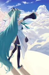 Rule 34 | 1girl, above clouds, absurdres, aqua eyes, aqua hair, aqua necktie, black footwear, black skirt, black sleeves, blue sky, boots, clip studio paint (medium), cloud, commentary request, day, detached sleeves, fingernails, frilled shirt, frills, full body, green nails, hair ornament, hatsune miku, hatsune miku happy 16th birthday -dear creators-, heaven, highres, long hair, making-of available, nail polish, necktie, open mouth, outdoors, outstretched arm, profile, ryoha kosako, shirt, skirt, sky, sleeveless, sleeveless shirt, solo, standing, sunlight, thigh boots, twintails, very long hair, video thumbnail, vocaloid, white shirt, wide sleeves