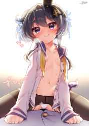 Rule 34 | 1girl, 1other, absurdres, black eyes, black hair, black pantyhose, blue sailor collar, blush, breasts, closed mouth, collarbone, dress, girl on top, highres, kantai collection, navel, neckerchief, open clothes, open dress, panties, pantyhose, sailor collar, sailor dress, short hair with long locks, signature, small breasts, smile, solo focus, tokitsukaze (kancolle), torn clothes, torn pantyhose, underwear, white dress, white panties, yellow neckerchief, yufukiri