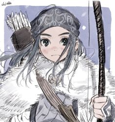 Rule 34 | 1girl, ainu clothes, arrow (projectile), asirpa, blush, bow (weapon), cape, closed mouth, earrings, female focus, fingerless gloves, fur cape, gloves, golden kamuy, headband, highres, holding, holding bow (weapon), holding weapon, hoop earrings, japanese clothes, jewelry, long hair, looking at viewer, outside border, quiver, serious, signature, snow, solo, syooo gd4, upper body, weapon