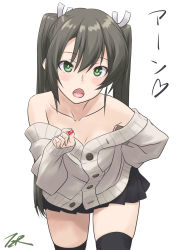 Rule 34 | 1girl, artist name, bare shoulders, black skirt, black thighhighs, blush, breasts, buttons, commentary, green eyes, green hair, hair between eyes, highres, holding, kantai collection, katakana, long hair, long sleeves, open mouth, shirt, simple background, skirt, small breasts, solo, t2r, thighhighs, twintails, white background, white shirt, zuikaku (kancolle)