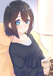Rule 34 | 1girl, black hair, black shirt, blue eyes, blush, collarbone, commentary request, cup, hair between eyes, highres, holding, holding cup, long sleeves, looking at viewer, mug, original, parted lips, shirt, sidelocks, sitting, sleeves past wrists, solo, steam, suzunari shizuku, upper body, yuki arare
