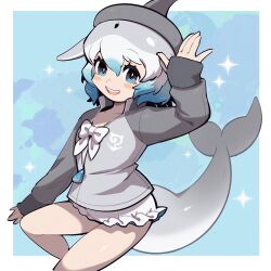 Rule 34 | 1girl, an-chan (ananna0315), bare legs, blowhole, blue eyes, blue hair, blush, bow, bowtie, cetacean tail, common bottlenose dolphin (kemono friends), cowboy shot, dolphin girl, dorsal fin, fins, fish tail, frilled one-piece swimsuit, frills, grey hair, grey sweater, hair between eyes, head fins, highres, japari symbol, kemono friends, kemono friends 3, long sleeves, looking at viewer, multicolored hair, official alternate costume, one-piece swimsuit, open mouth, short hair, sidelocks, sleeves past wrists, smile, solo, sweater, swimsuit, tail, two-tone sweater, white bow, white bowtie, white hair, white one-piece swimsuit