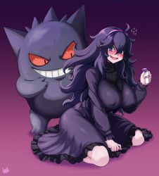 Rule 34 | 1girl, @ @, ahoge, alternate breast size, blush, bottle, breasts, commentary, covered erect nipples, creatures (company), dress, flying sweatdrops, frilled dress, frills, game freak, gen 1 pokemon, gengar, hex maniac (pokemon), highres, jmg, large breasts, long hair, looking at viewer, milk, milk bottle, moomoo milk, nintendo, pokemon, pokemon (creature), pokemon xy, purple background, purple dress, purple eyes, purple hair, revision, ribbed sweater, simple background, smile, sweater, turtleneck, turtleneck dress