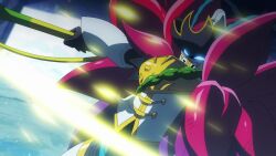 Rule 34 | 1boy, armor, bloomlordmon, blue eyes, digimon, digimon (creature), digimon ghost game, glowing, glowing eyes, highres, holding, holding weapon, lance, looking at viewer, polearm, screencap, serious, slashing, solo, toei animation, weapon