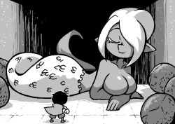 Rule 34 | 2girls, arms under breasts, breasts, cape, closed eyes, completely nude, covering one eye, dark skin, egg, from behind, gloves, gray (void stranger), greyscale, lamia, large breasts, looking down, lying, monochrome, monster girl, multiple girls, no nipples, nude, on stomach, pixel art, pointy ears, scales, setz, short hair, smile, snake tail, tail, tile floor, tiles, void stranger