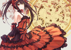 Rule 34 | 1girl, asle, black hair, blush, breasts, cleavage, clock, closed mouth, collarbone, date a live, heterochromia, large breasts, long hair, looking at viewer, red eyes, red ribbon, ribbon, smile, solo, tokisaki kurumi, twintails, yellow eyes