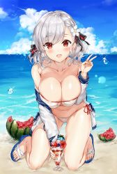 Rule 34 | 1girl, artist name, bad id, bad twitter id, beach, bikini, bird, black ribbon, blue sky, blush, breasts, cleavage, cloud, collarbone, cup, day, flower, food, fruit, girls&#039; frontline, hair flower, hair ornament, hair ribbon, hand up, ice cream, jacket, kneeling, large breasts, long hair, looking at viewer, narae, ocean, off shoulder, official alternate costume, open clothes, open jacket, open mouth, outdoors, red eyes, ribbon, sand, sandals, seagull, shiny skin, side-tie bikini bottom, sidelocks, silver hair, sky, smile, solo, sparkle, spas-12 (girls&#039; frontline), spas-12 (midsummer fruit) (girls&#039; frontline), sundae, sweat, swimsuit, thighs, twintails, v, water drop, watermelon, white bikini