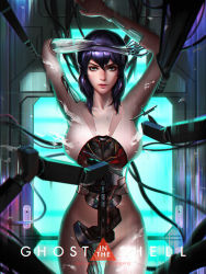 Rule 34 | 1girl, android, assembling, blue eyes, collarbone, convenient censoring, cyberpunk, cyborg, ghost in the shell, highres, kusanagi motoko, liang xing, lips, looking at viewer, lying, machinery, medium hair, on back, parody, purple hair, realistic, science fiction, solo, style parody