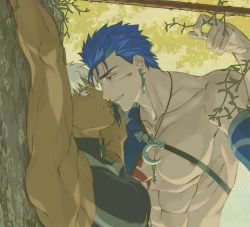 Rule 34 | 2boys, abs, alternate pectoral size, archer (fate), armor, automney, bara, bare shoulders, blood, blood on face, blue hair, bound, bound wrists, brown eyes, crescent, crescent necklace, cu chulainn (fate), cu chulainn (fate/stay night), cu chulainn (second ascension) (fate), dark-skinned male, dark skin, earrings, fate/stay night, fate (series), from side, gae bolg (fate), imminent kiss, jewelry, large pectorals, looking at viewer, male focus, manly, moon necklace, multiple boys, muscular, necklace, nipples, official alternate costume, open mouth, pectorals, polearm, red eyes, sleeveless, smile, spear, tattoo, toned, toned male, tree, upper body, weapon, white hair, yaoi
