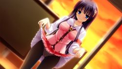 Rule 34 | 1girl, armband, black hair, blue eyes, bolo tie, cameltoe, clothes lift, dutch angle, evening, flower, frills, game cg, hair flower, hair ornament, highres, hime cut, looking at viewer, love ra bride, mikami haruka, mutou kurihito, panties, panties under pantyhose, pantyhose, school uniform, skirt, skirt lift, smile, solo, television, underwear, upskirt, window