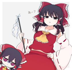 Rule 34 | 1girl, ascot, bow, brown eyes, brown hair, detached sleeves, dot nose, frilled bow, frills, fumo (doll), gohei, hair between eyes, hair bow, hair ornament, hair tubes, hakurei reimu, hand on own hip, japanese text, looking at viewer, midriff, nontraditional miko, open mouth, rei (tonbo0430), touhou, translation request, yellow ascot