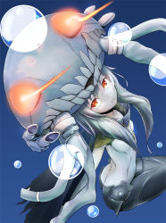 Rule 34 | 10s, 1girl, abyssal ship, bodysuit, bubble, cape, glowing, glowing eyes, hat, kantai collection, long hair, looking at viewer, orange eyes, pale skin, silver hair, solo, teeth, urigarasu, wo-class aircraft carrier