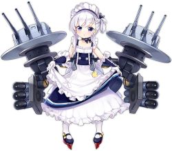 Rule 34 | 1girl, aged down, apron, apron lift, azur lane, belfast (azur lane), blue eyes, bow choker, braid, choker, clothes lift, french braid, full body, gloves, kisetsu, long hair, looking at viewer, machinery, maid, maid apron, maid headdress, mary janes, official art, ribbon choker, shoes, solo, stuffed chicken, third-party source, transparent background, turret, white gloves, white hair, white legwear