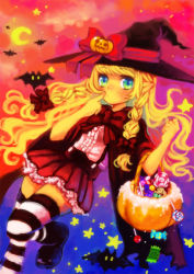 Rule 34 | 1girl, bad id, bad pixiv id, bat (animal), blonde hair, blue eyes, braid, candy, food, halloween, lollipop, long hair, original, otousan, pointy ears, solo, striped clothes, striped thighhighs, thighhighs, twin braids, very long hair, witch