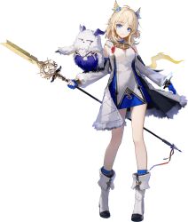 Rule 34 | 1girl, ahoge, animal, animal on arm, artist request, blonde hair, blue dress, blue eyes, blue gloves, boots, closed mouth, coat, collared dress, detached sleeves, dress, ex astris, fingerless gloves, full body, gloves, highres, holding, holding staff, jewelry, looking at viewer, manganese (ex astris), medium hair, multicolored clothes, multicolored dress, necklace, official art, pointy ears, short dress, simple background, sleeveless, sleeveless coat, sleeveless dress, smile, staff, standing, transparent background, vi3 (ex astris), white coat, white dress, white footwear, wing hair ornament