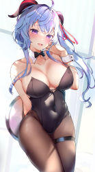 Rule 34 | 1girl, :d, absurdres, ahoge, arm behind back, armpit crease, bare arms, bare shoulders, black bow, black bowtie, black leotard, blue hair, blush, bow, bowtie, breasts, brown pantyhose, chinese commentary, cleavage, collarbone, commentary request, covered navel, cowboy shot, detached collar, ganyu (genshin impact), genshin impact, goat horns, groin, hair ribbon, highres, horns, large breasts, leotard, long hair, looking at viewer, open mouth, pantyhose, playboy bunny, purple eyes, red ribbon, ribbon, skindentation, smile, solo, standing, strapless, strapless leotard, thigh strap, usagi poi, wrist cuffs