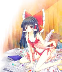 Rule 34 | 1girl, babydoll, bare shoulders, bed, black hair, book, bow, bra, clothes grab, cup, frills, hair bow, hair tubes, hakurei reimu, half updo, long hair, muzuki uruu, on bed, open book, panties, parted lips, red bow, red bra, red panties, side-tie panties, sitting, solo, star (symbol), test tube, touhou, underwear, underwear only, wariza