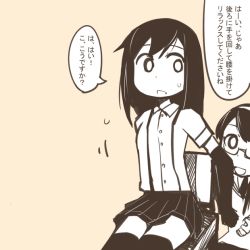 Rule 34 | 10s, 2girls, asashio (kancolle), comic, flat color, kantai collection, monochrome, multiple girls, nns (sobchan), ooyodo (kancolle), personification, simple background, sitting, skirt, suspender skirt, suspenders, thighhighs, translated, yellow background