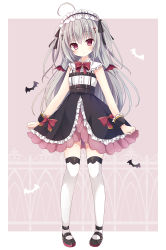 Rule 34 | 1girl, ahoge, black footwear, black ribbon, bow, commentary request, cross, cuffs, demon wings, frilled hairband, frills, full body, grey hair, hair ribbon, hairband, long hair, looking at viewer, mary janes, mini wings, original, picpicgram, red bow, red eyes, ribbon, shoes, solo, thighhighs, two-tone background, white thighhighs, wings
