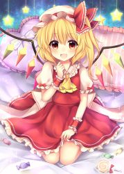 Rule 34 | 1girl, :d, ascot, bed, blonde hair, bow, candy, commentary request, crystal, fang, flandre scarlet, food, frilled pillow, frilled ribbon, frilled shirt collar, frilled skirt, frilled sleeves, frills, full body, gradient eyes, hair between eyes, hand up, hat, hat ribbon, heart, heart-shaped pillow, highres, lollipop, looking at viewer, mob cap, multicolored eyes, open mouth, pillow, puffy short sleeves, puffy sleeves, red eyes, red ribbon, red skirt, red vest, ribbon, ruhika, seiza, shirt, short hair, short sleeves, side ponytail, sitting, skirt, skirt hold, skirt set, smile, solo, sparkle, star (symbol), starry background, striped, striped pillow, touhou, twitter username, vest, white bow, white hat, white shirt, wings, wrapped candy, wrapper, wrist cuffs, yellow ascot, yellow eyes