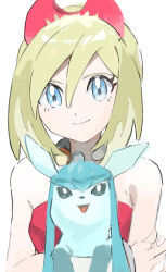 1girl bare_shoulders blonde_hair blue_eyes closed_mouth creatures_(company) ga4me4 game_freak gen_4_pokemon glaceon hair_between_eyes hairband highres holding holding_pokemon irida_(pokemon) jewelry looking_at_viewer neck_ring nintendo pokemon pokemon_(creature) pokemon_legends:_arceus red_hairband short_hair simple_background smile white_background