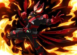 Rule 34 | 1boy, armor, black armor, black bodysuit, bodysuit, boost mark ii buckle, commentary request, cowboy shot, desire driver, fighting stance, fire, flame print, fox, fox boy, fox mask, gloves, glowing, glowing eyes, green fire, highres, hitodama, incoming attack, kamen rider, kamen rider geats, kamen rider geats (series), kamen rider geats boost mark ii, kitsune, male focus, mask, mouth guard, multiple tails, orange eyes, otokamu, power armor, raise buckle, raised fist, red footwear, red gloves, shoulder armor, tail, thighs