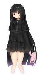 Rule 34 | 1girl, black capelet, black choker, black dress, black hair, capelet, center frills, choker, closed mouth, commentary request, cross, dress, frilled capelet, frills, gothic lolita, head tilt, highres, hikashou, holding, holding stuffed toy, latin cross, lolita fashion, long hair, long sleeves, looking at viewer, original, red eyes, simple background, sleeves past fingers, sleeves past wrists, solo, stuffed animal, stuffed rabbit, stuffed toy, very long hair, white background, wide sleeves