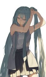 1girl adjusting_hair aqua_hair aqua_necktie bare_shoulders black_skirt commentary grey_shirt hatsune_miku highres long_hair mouth_hold necktie pleated_skirt pocche-ex shirt simple_background skirt sleeveless sleeveless_shirt solo standing undone_necktie very_long_hair vocaloid white_background white_shirt