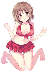 Rule 34 | 1girl, bare shoulders, barefoot, bikini, bikini skirt, blush, breasts, brown eyes, brown flower, brown hair, chocho (homelessfox), cleavage, dot nose, flower, front-tie bikini top, front-tie top, full body, hair flower, hair ornament, hands up, idolmaster, idolmaster cinderella girls, idolmaster cinderella girls starlight stage, kneeling, large breasts, looking at viewer, mimura kanako, navel, open mouth, plump, red bikini, short hair, simple background, solo, swimsuit, toenails, toes, white background