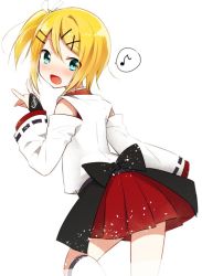 Rule 34 | 1girl, bare shoulders, blonde hair, blue eyes, bridal gauntlets, clothing cutout, hair ornament, hairclip, japanese clothes, kagamine rin, kimono, kimono skirt, looking at viewer, looking back, mizuhoshi taichi, musical note, open mouth, project diva (series), project diva extend, raspberry (module), red skirt, short hair, shoulder cutout, skirt, smile, solo, spoken musical note, raspberry (module), treble clef, vocaloid, white background