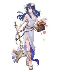 Rule 34 | 1girl, armlet, axe, bare shoulders, basket, blue eyes, blue hair, bracelet, dress, feet, female focus, fire emblem, fire emblem awakening, fire emblem heroes, flower, full body, hair ornament, highres, holding, holding axe, holding weapon, jewelry, long dress, long hair, lucina (fire emblem), lucina (valentine) (fire emblem), matching hair/eyes, nintendo, non-web source, official art, sandals, sleeveless, solo, standing, thigh strap, thighlet, toeless footwear, toes, transparent background, weapon, white dress