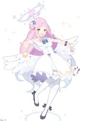 Rule 34 | 1girl, :d, angel wings, badge, black footwear, blue archive, blue bow, bow, button badge, capelet, crescent, dress, feathered wings, flower, footwear ribbon, frilled dress, frills, full body, hair bun, hair flower, hair ornament, halo, high heels, highres, light blush, long hair, looking at viewer, low wings, mika (blue archive), minagawa rei (uru), open mouth, outstretched arms, pantyhose, pink hair, pumps, sailor collar, scrunchie, side bun, signature, single side bun, sleeveless, sleeveless dress, smile, solo, spread arms, star (symbol), white dress, white pantyhose, white sailor collar, white wings, wings, wrist scrunchie, yellow eyes