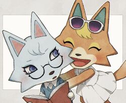 Rule 34 | 2girls, :d, ^ ^, animal crossing, audie (animal crossing), black-framed eyewear, blue eyes, blue sweater vest, blush, book, border, closed eyes, collared dress, collared shirt, dress, eyelashes, eyewear on head, fox girl, furry, furry female, glasses, grey border, highres, holding, holding book, kaji (oni atat), long sleeves, looking at another, looking back, multiple girls, nintendo, open book, open mouth, outside border, pleated dress, semi-rimless eyewear, shirt, simple background, sleeveless, sleeveless dress, smile, sundress, sunglasses, sweater vest, under-rim eyewear, white-framed eyewear, white background, white dress, white shirt, whitney (animal crossing), wing collar, wolf girl