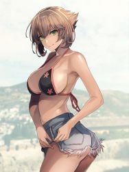 Rule 34 | 1girl, bikini, bikini top only, black bikini, blurry, blurry background, breasts, brown hair, closed mouth, collarbone, denim, denim shorts, floral print, from side, green eyes, hair between eyes, highres, kantai collection, kasumi (skchkko), large breasts, looking at viewer, looking to the side, mutsu (kancolle), short hair, shorts, smile, solo, swimsuit