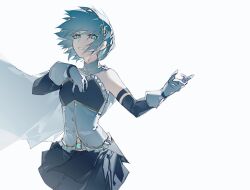 Rule 34 | 1girl, absurdres, blue eyes, blue hair, blue skirt, bodice, cape, collared cape, cowboy shot, detached sleeves, floating cape, floating hair, fortissimo, frills, from side, gloves, hair ornament, hand on own chest, highres, looking at viewer, magical girl, mahou shoujo madoka magica, mahou shoujo madoka magica (anime), miki sayaka, musical note, musical note hair ornament, parted lips, short hair, simple background, skirt, solo, white background, white cape, white gloves, yexinhan