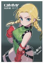 Rule 34 | 1girl, 2023, :&lt;, absurdres, artist request, ass, bare legs, blonde hair, braid, cammy white, character name, clenched hand, curvy, dated, fingerless gloves, gloves, green eyes, green leotard, highleg, highleg leotard, highres, leotard, simple background, solo, street fighter, thong leotard, twin braids, wide hips