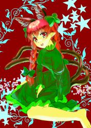 Rule 34 | 1girl, :d, animal ears, bow, braid, cat ears, cat tail, dress, hair bow, highres, kaenbyou rin, looking at viewer, multiple tails, nekomata, open mouth, pointy ears, polpol, red background, red eyes, red hair, smile, solo, star (symbol), tail, touhou, twin braids