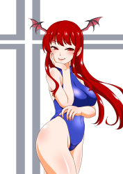 Rule 34 | 1girl, alternate costume, bat wings, blue one-piece swimsuit, blush, breasts, covered navel, cowboy shot, cross, half-closed eyes, hand on own chin, head rest, head wings, highres, koakuma, large breasts, lips, long hair, looking at viewer, one-piece swimsuit, red eyes, red hair, shiraue yuu, simple background, slit pupils, smile, solo, swimsuit, touhou, white background, wings